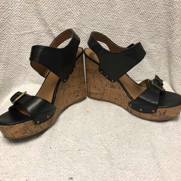 Neutral Brown Double Buckle Cork Wedges 7.5 - Picture 2 of 8